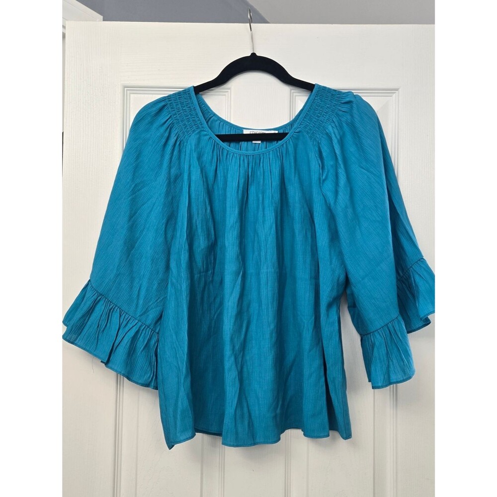 Chico’s Teal Blue Bell Sleeve Blouse 0 Small Smocked Scoop Neck Boho Top Peasant
